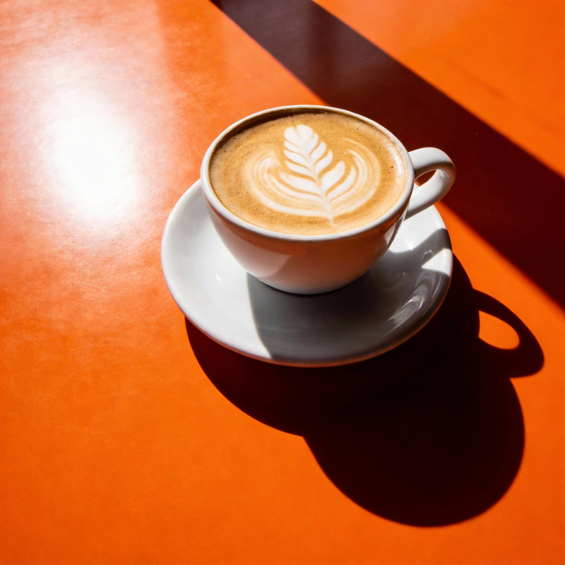 橙桌上的拉花咖啡图片