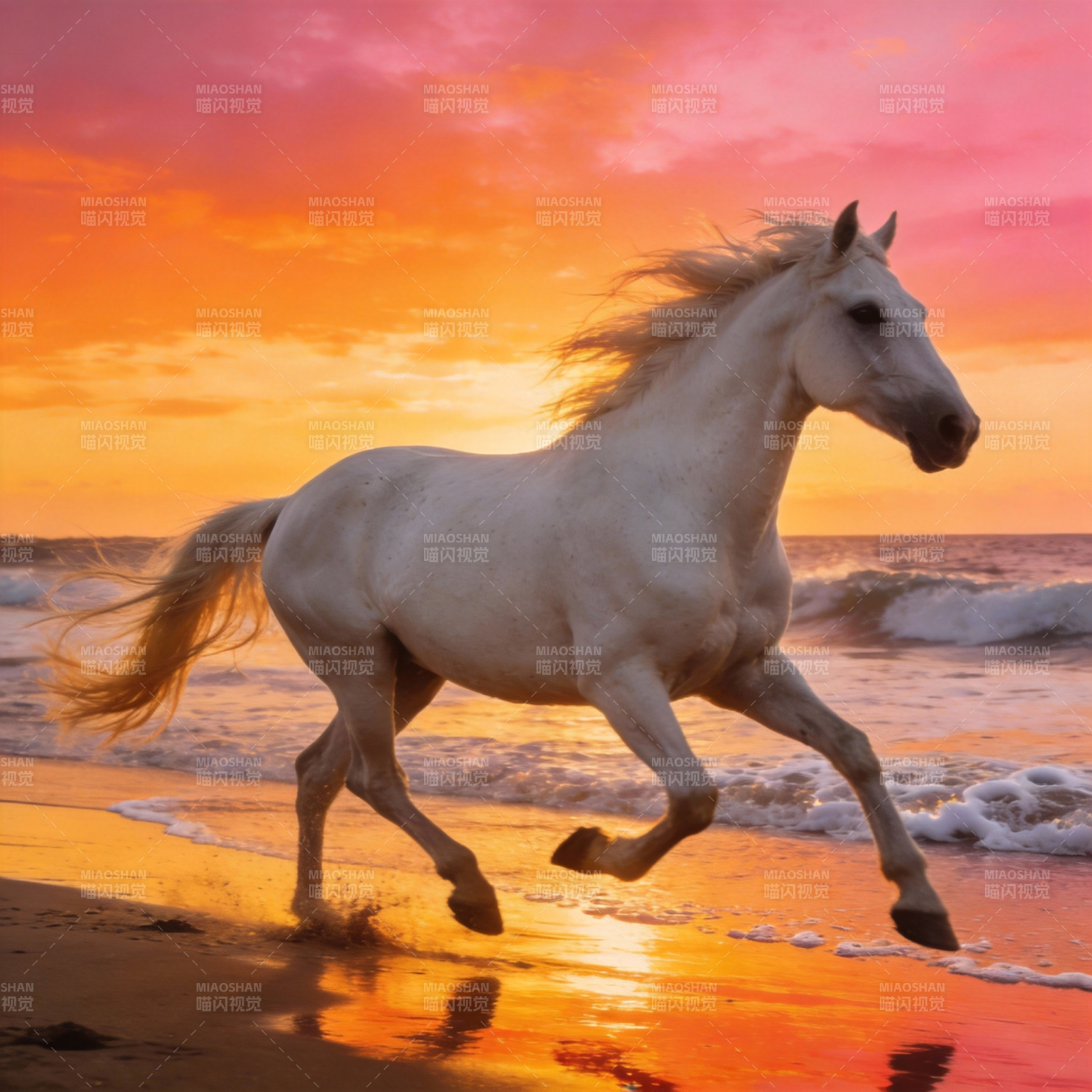 白马奔腾夕阳海滩图片