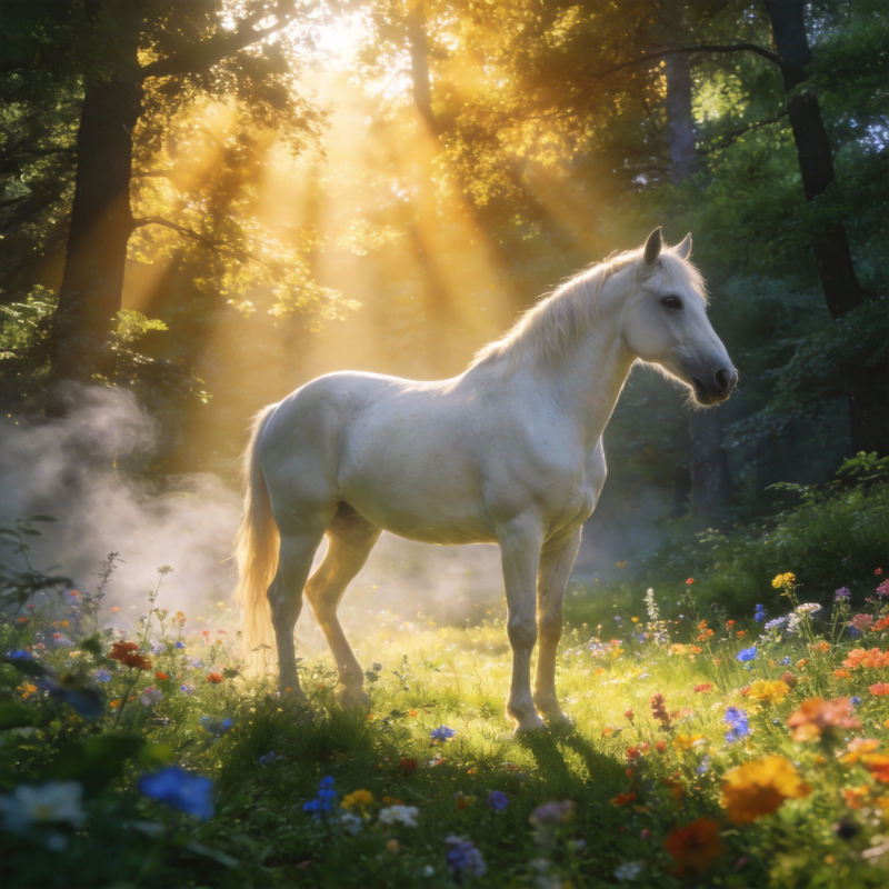 林间白马沐浴晨光图片