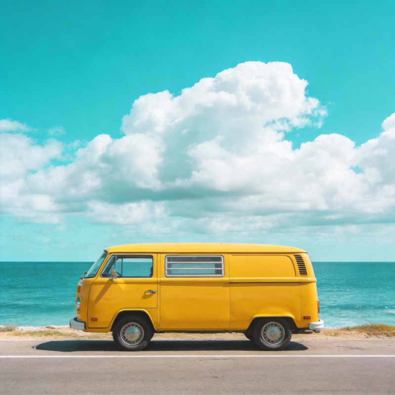 黄色面包车海边停驻图片