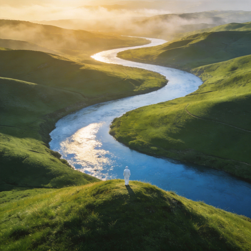 河畔晨光行者图片