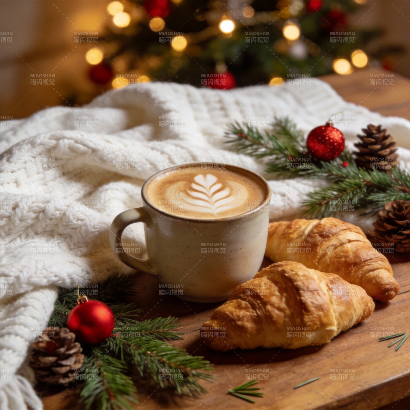 圣诞咖啡与羊角面包图片