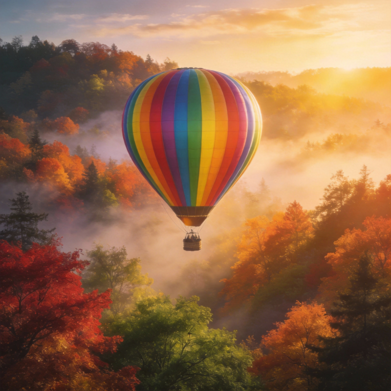 秋雾中彩虹热气球图片