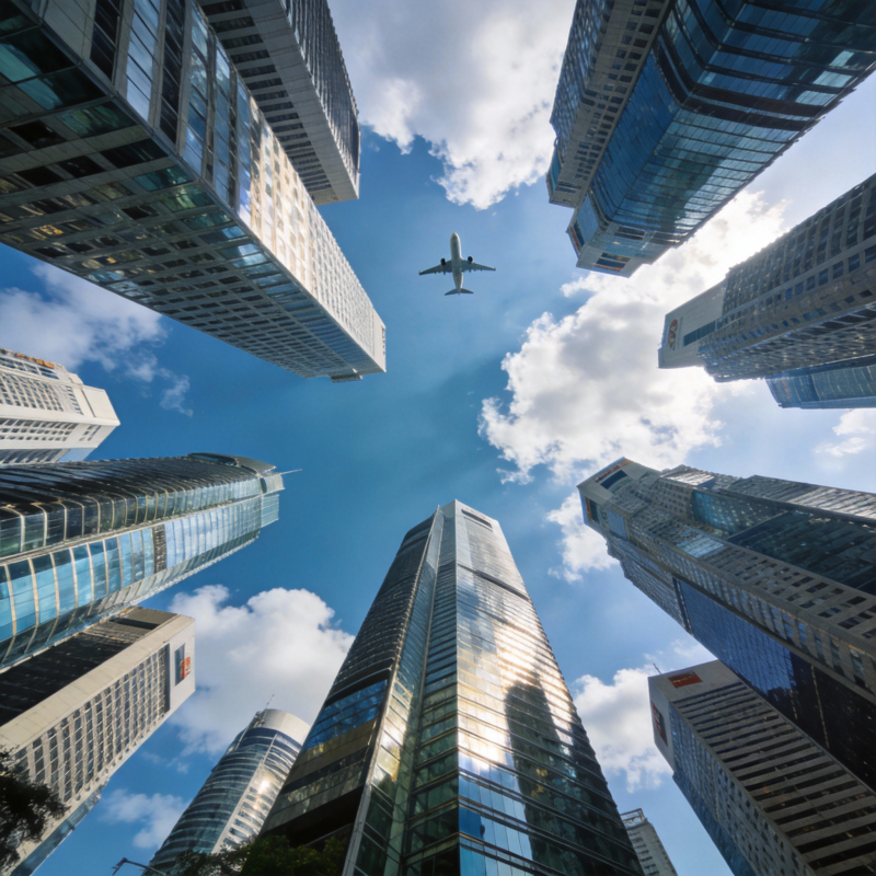 城市之巅 飞机掠过图片