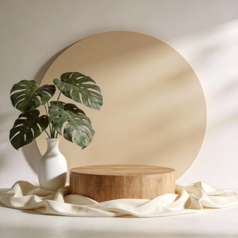 绿植与木质圆台图片