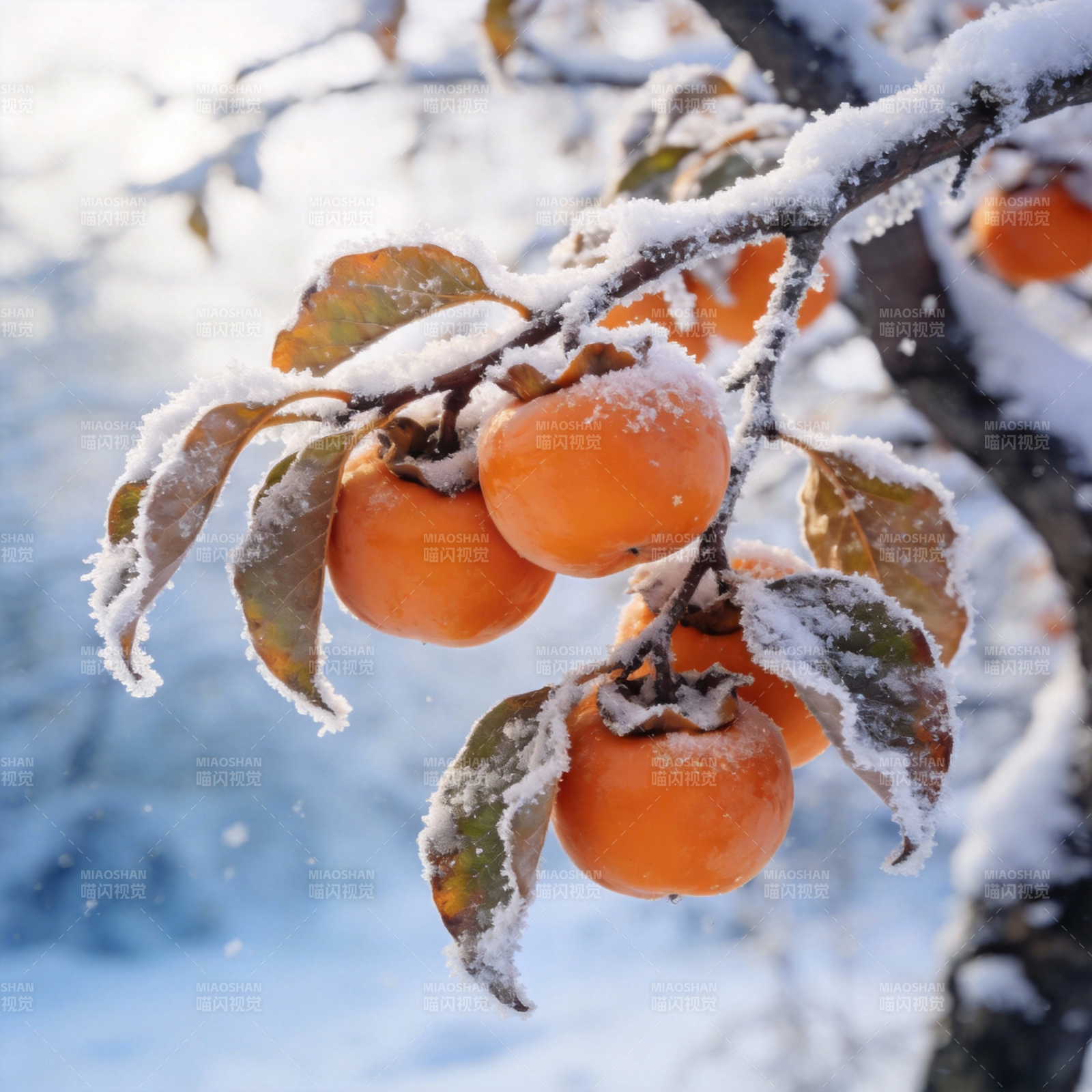 雪中柿子红图片