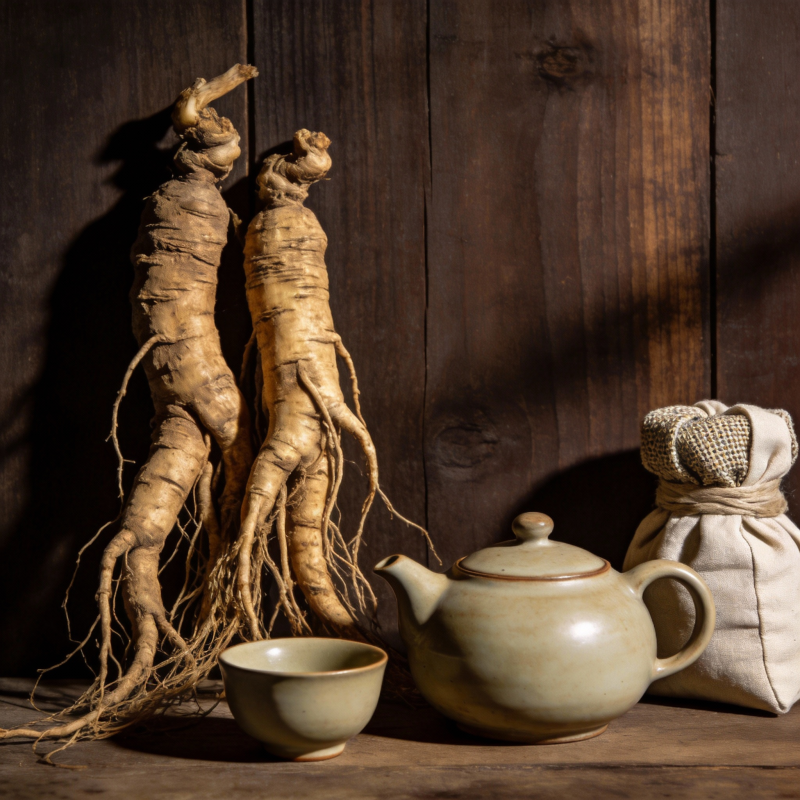 人参茶具静物图片
