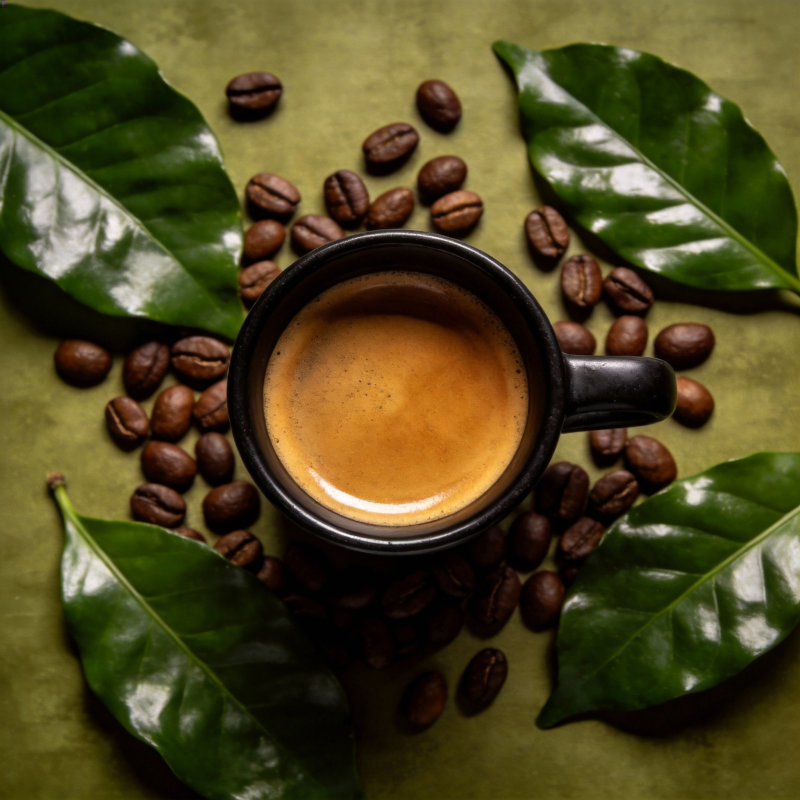 咖啡豆与绿叶环绕的咖啡杯图片