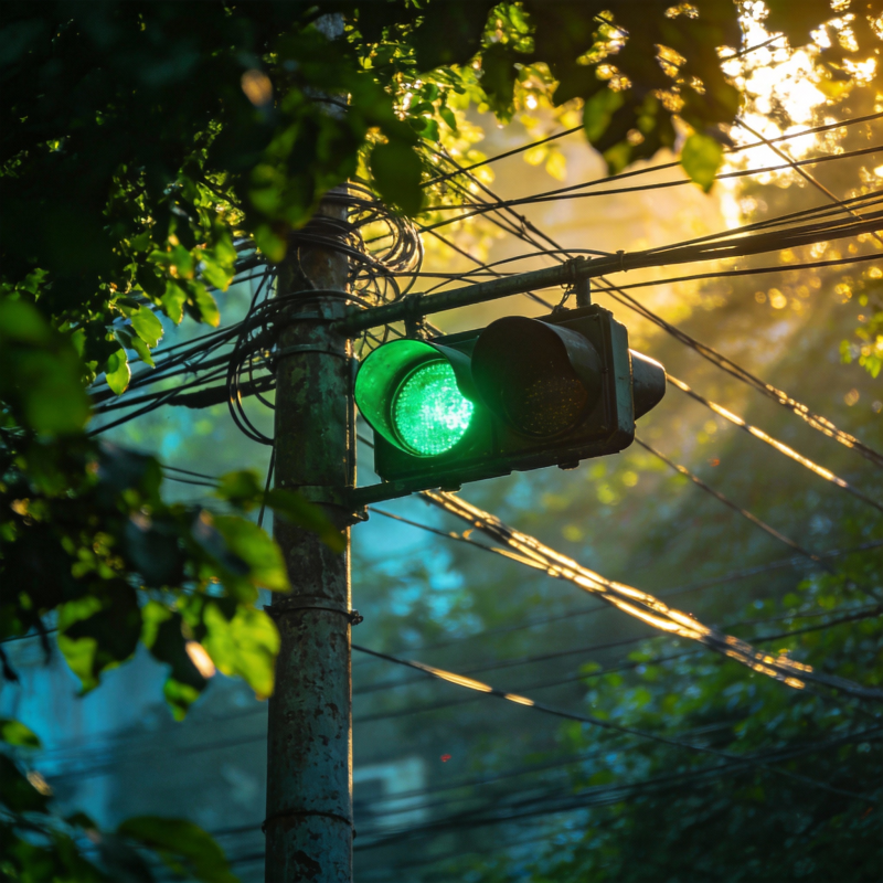 绿灯映树影图片