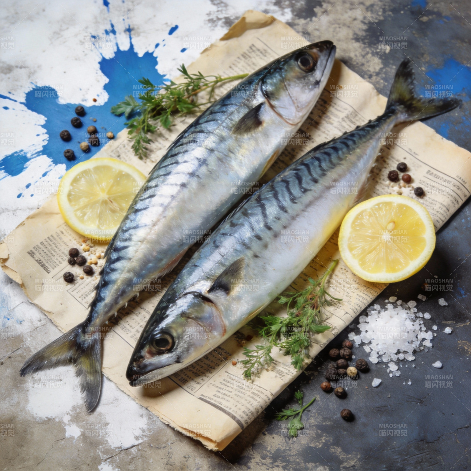 新鲜鲭鱼配柠檬图片