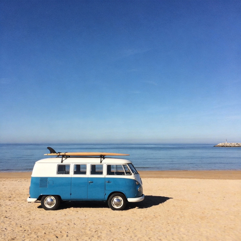 蓝白小巴海边停泊图片