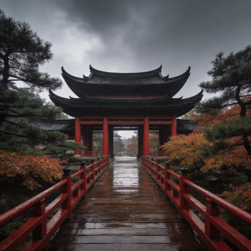 雨中古桥映红门图片