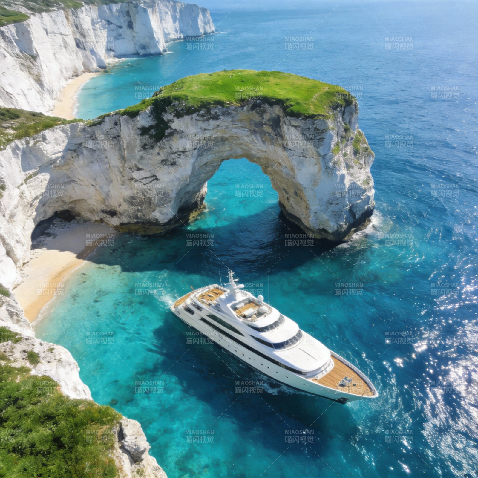 游艇穿行天然拱门图片