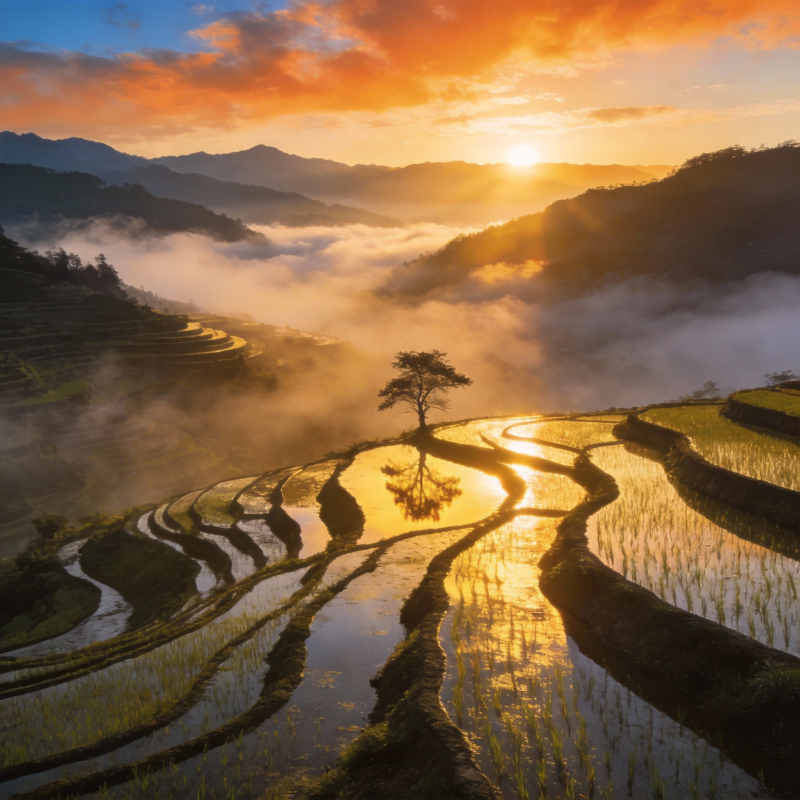 梯田晨曦 云海映日图片