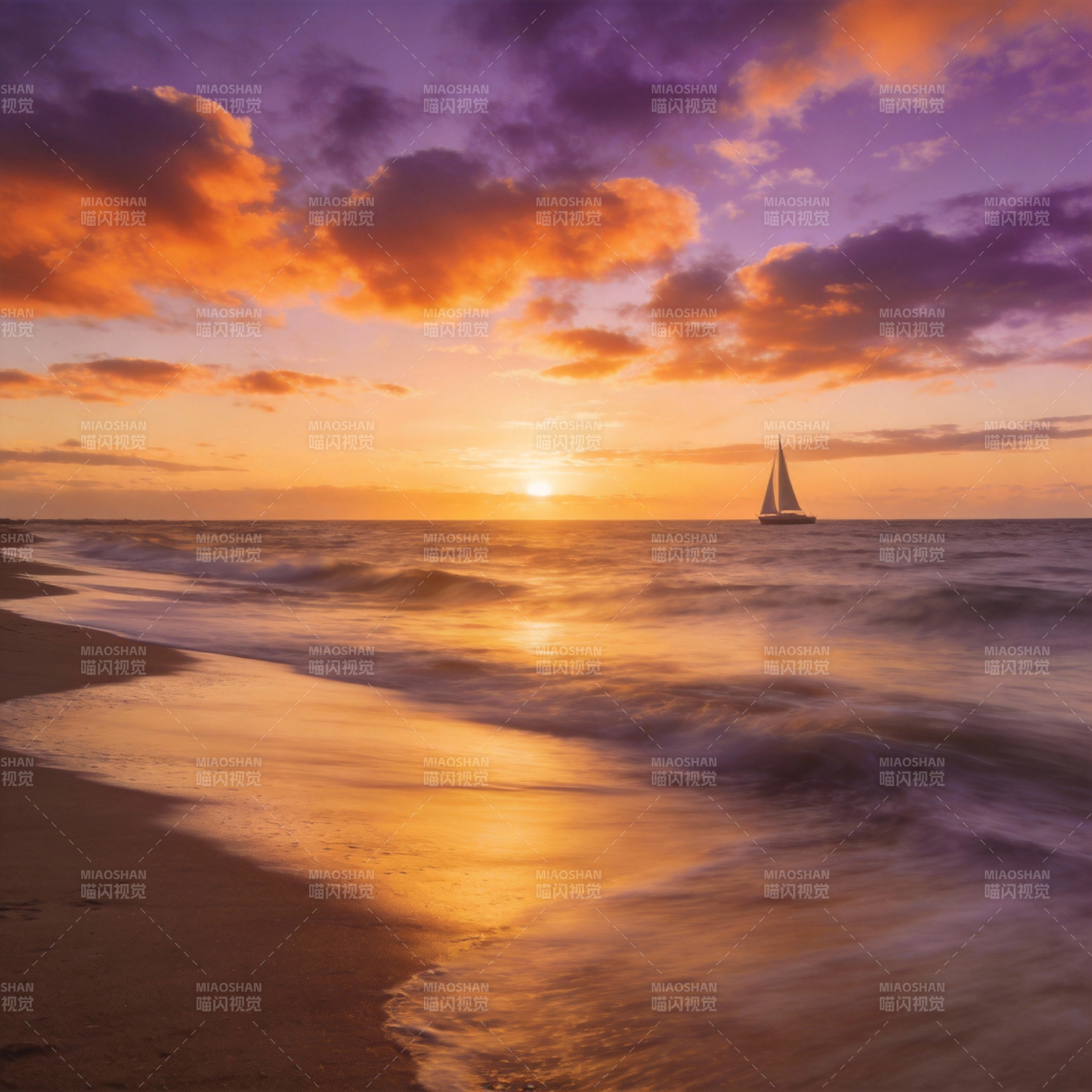 夕阳帆影海天间图片