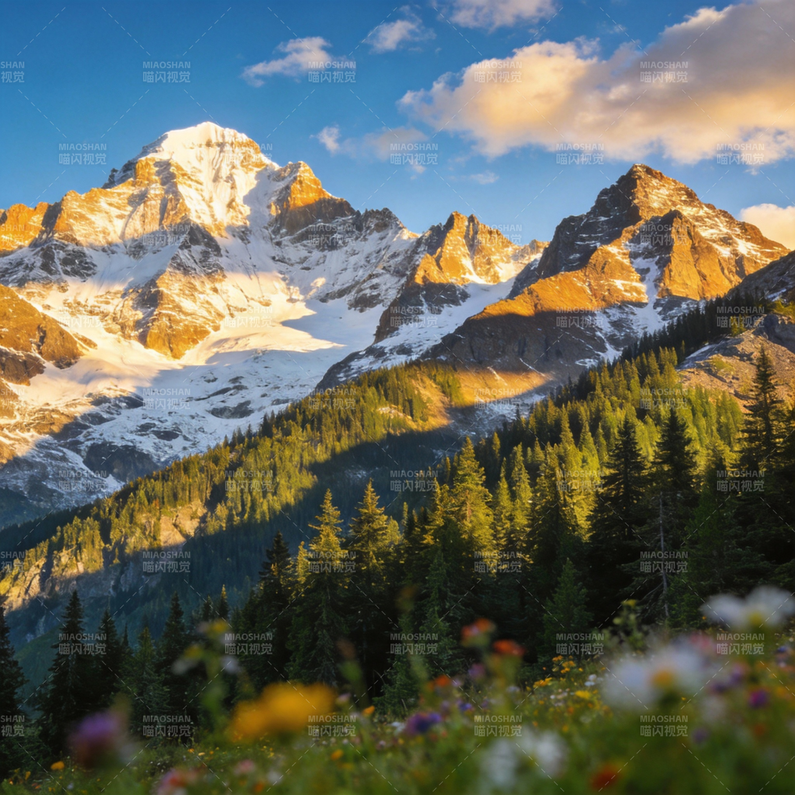雪山花海晨光图片