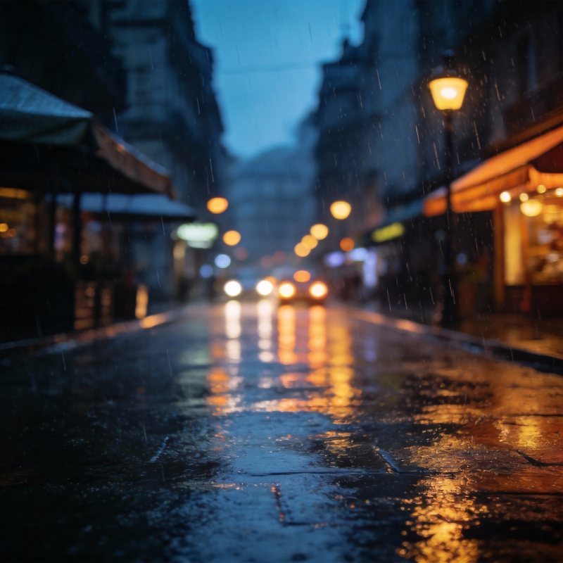 雨夜街灯映湿巷图片