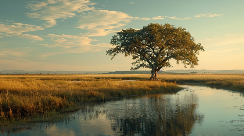 孤树映水 静谧黄昏图片