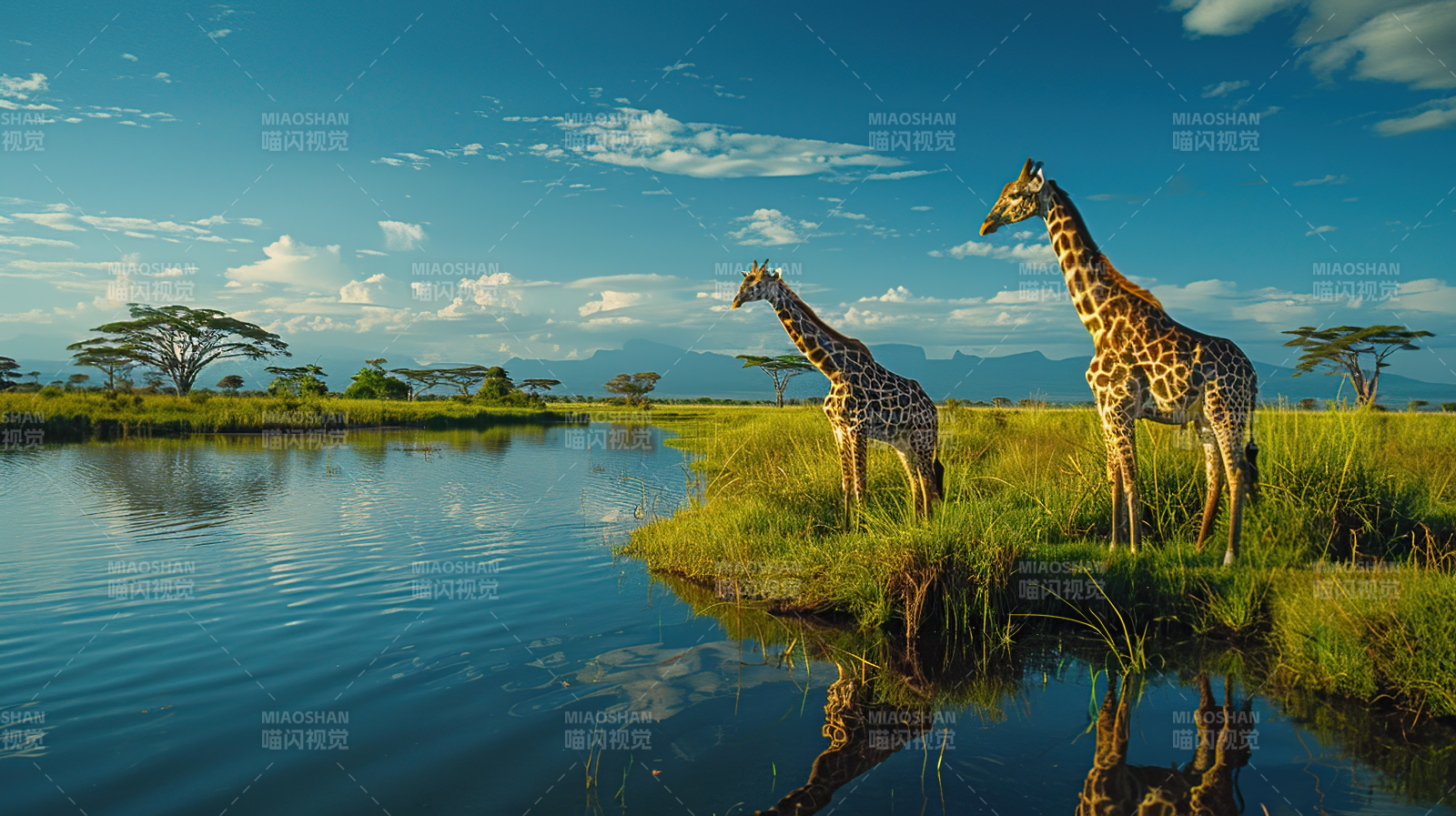 草原双 giraffe 水边图片