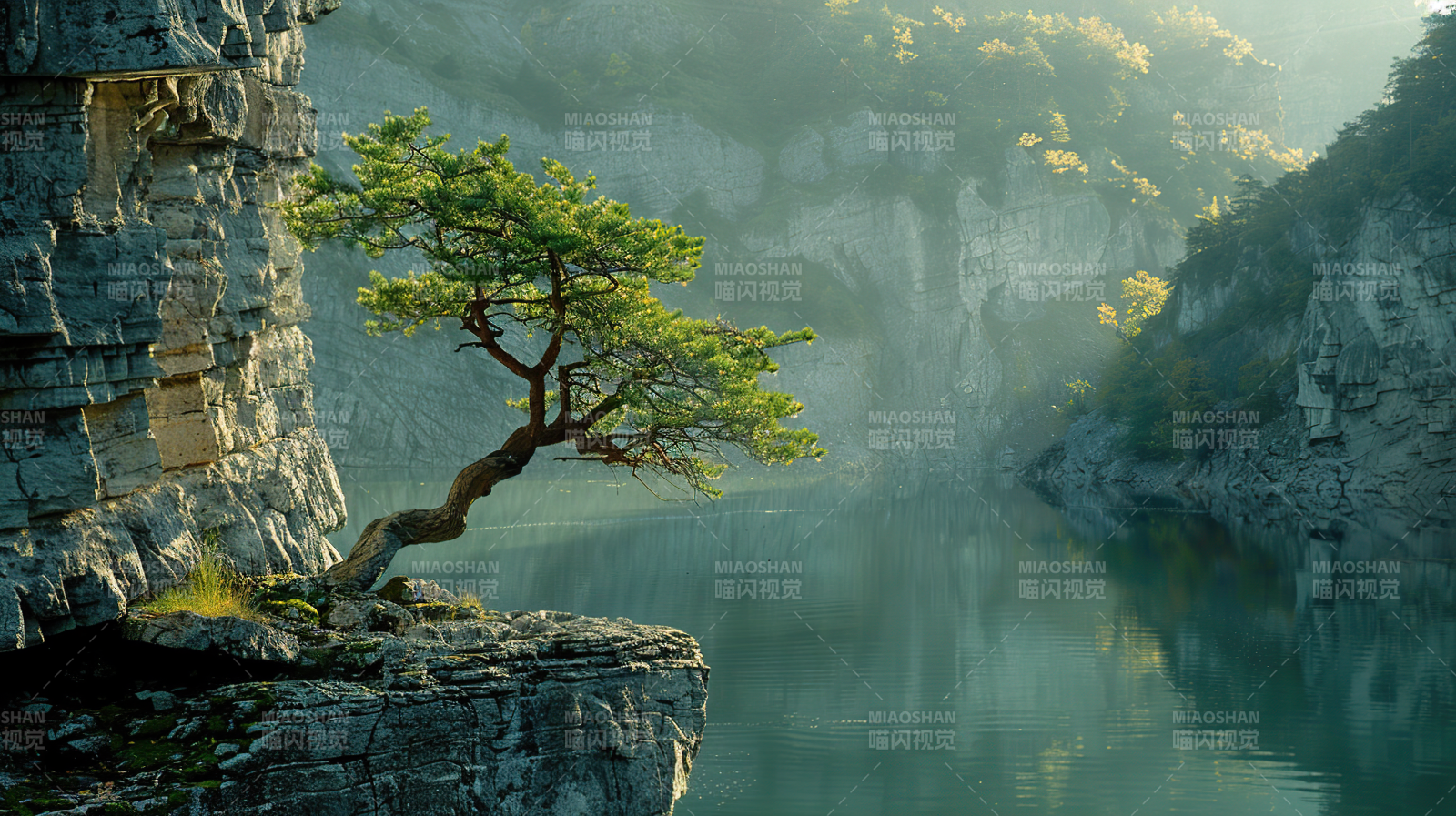 孤松映碧水图片