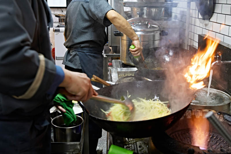 人与食物紧张忙碌的中餐厨房图片