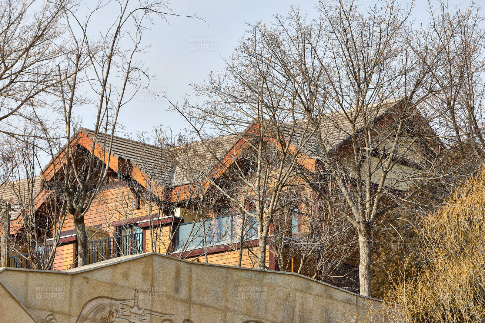 建立在风景区高地上的木屋别墅建筑图片
