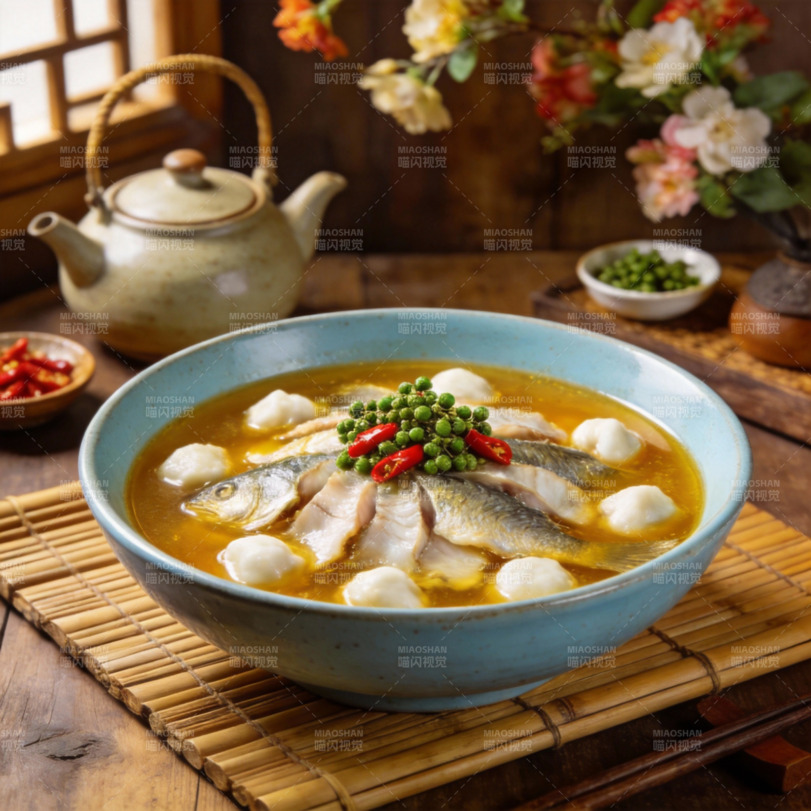 鱼丸汤配青豆辣椒图片