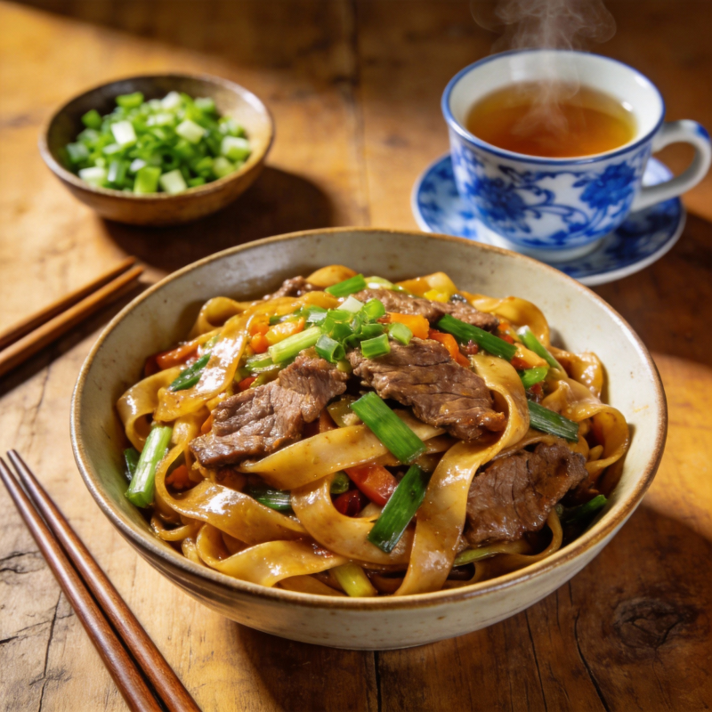 牛肉炒面配茶图片