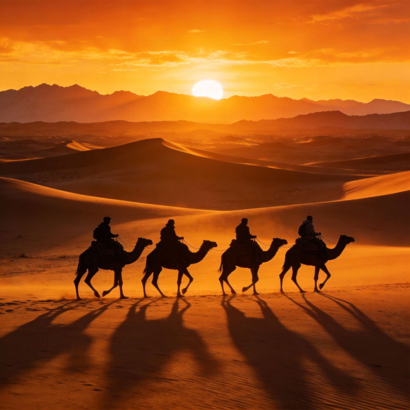 沙漠驼影夕阳下图片