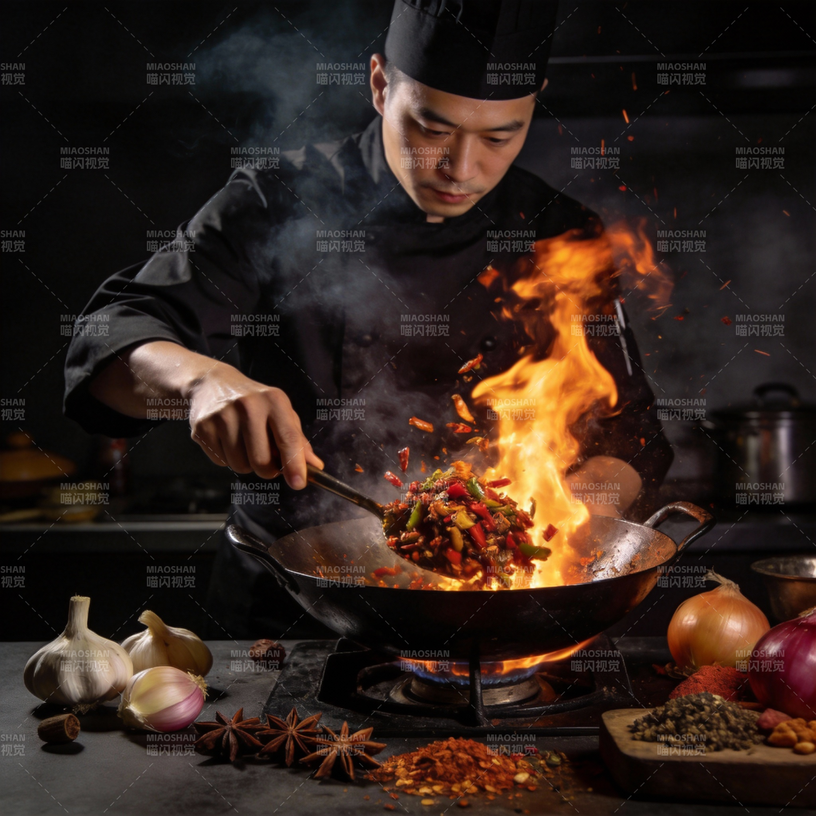 火焰炒菜 香气四溢图片
