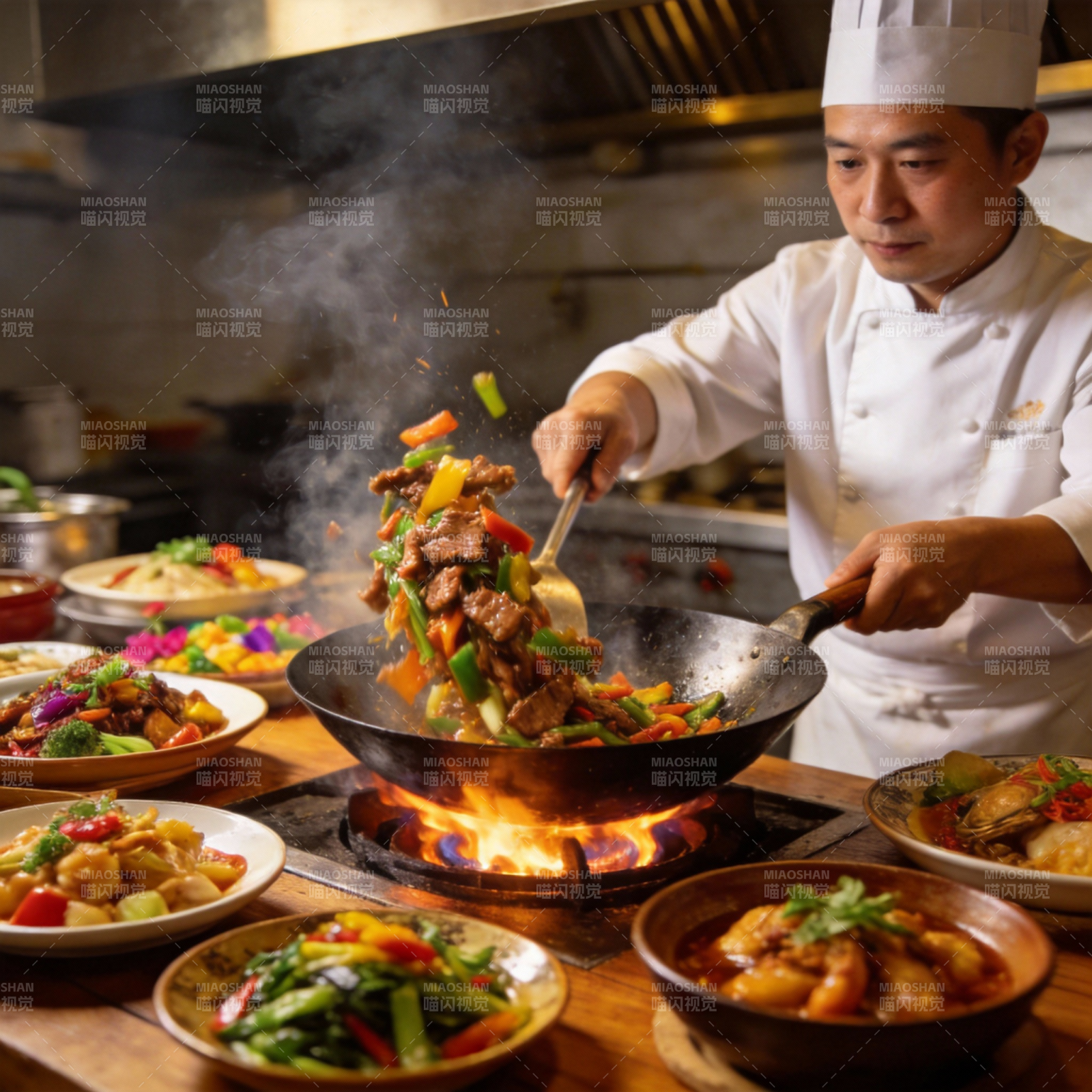 厨师炒菜 香气四溢图片