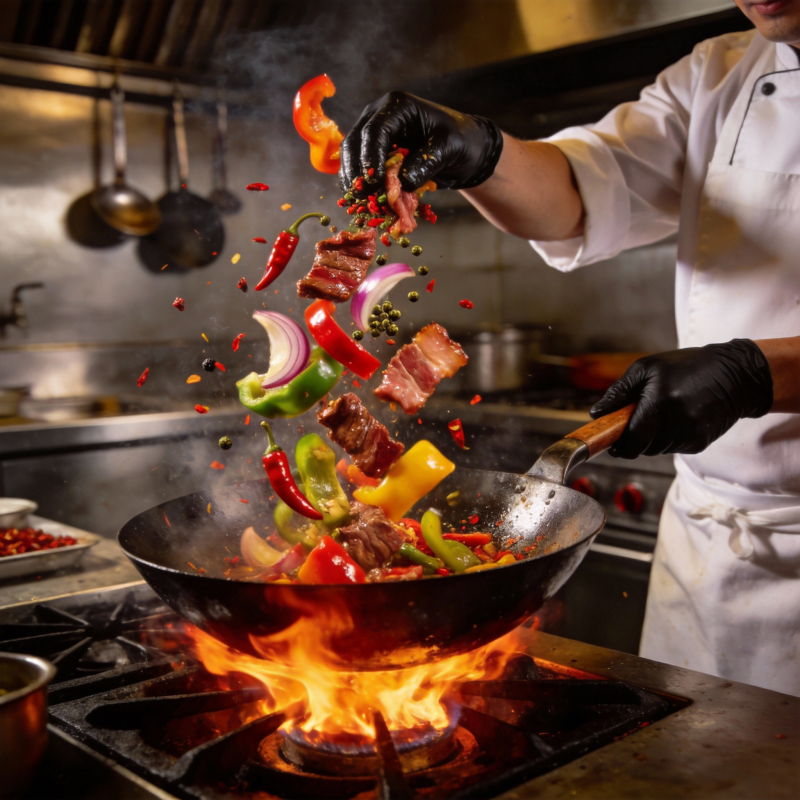 火焰翻炒美味食材图片