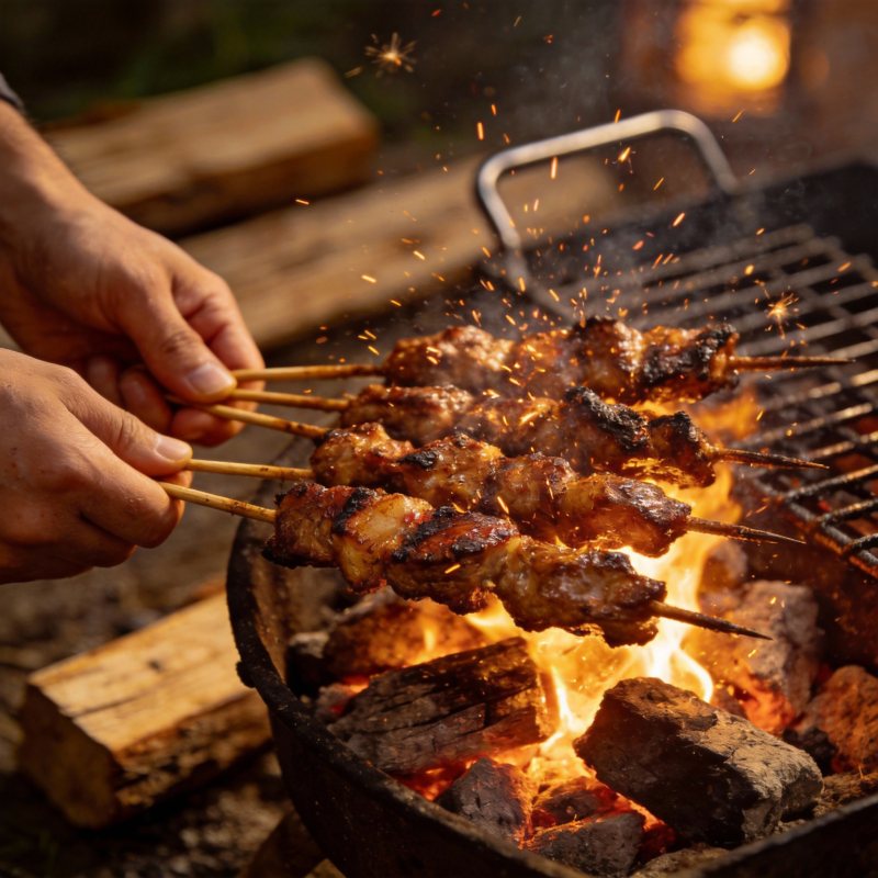 烧烤串在火上烤图片