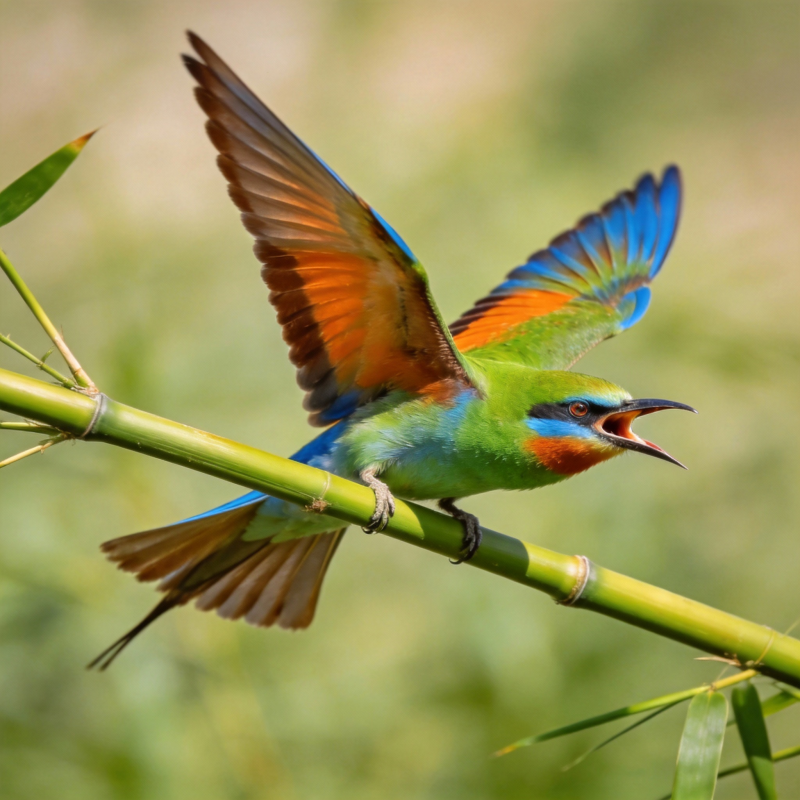 彩鸟展翅鸣竹枝图片