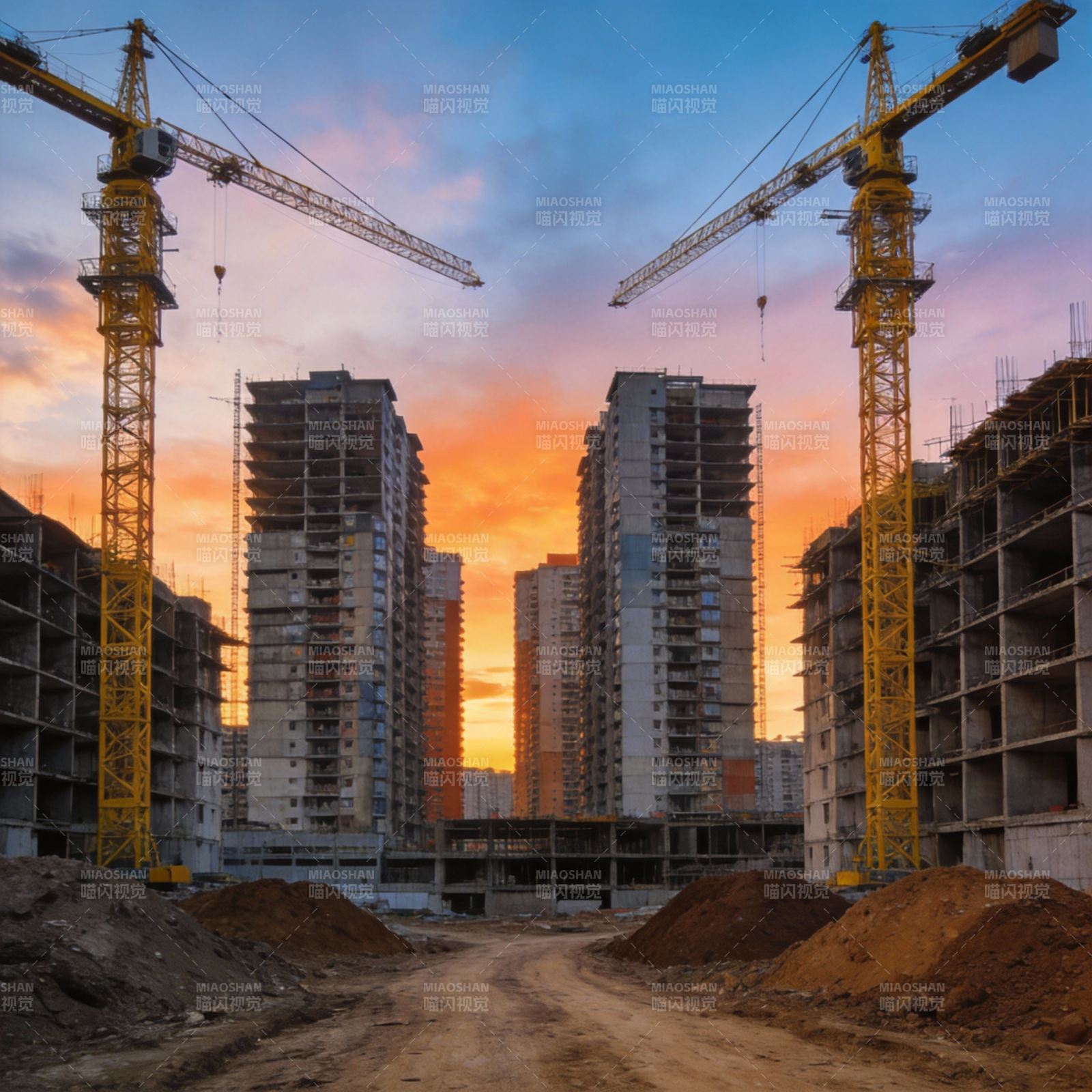 夕阳下的建筑工地图片