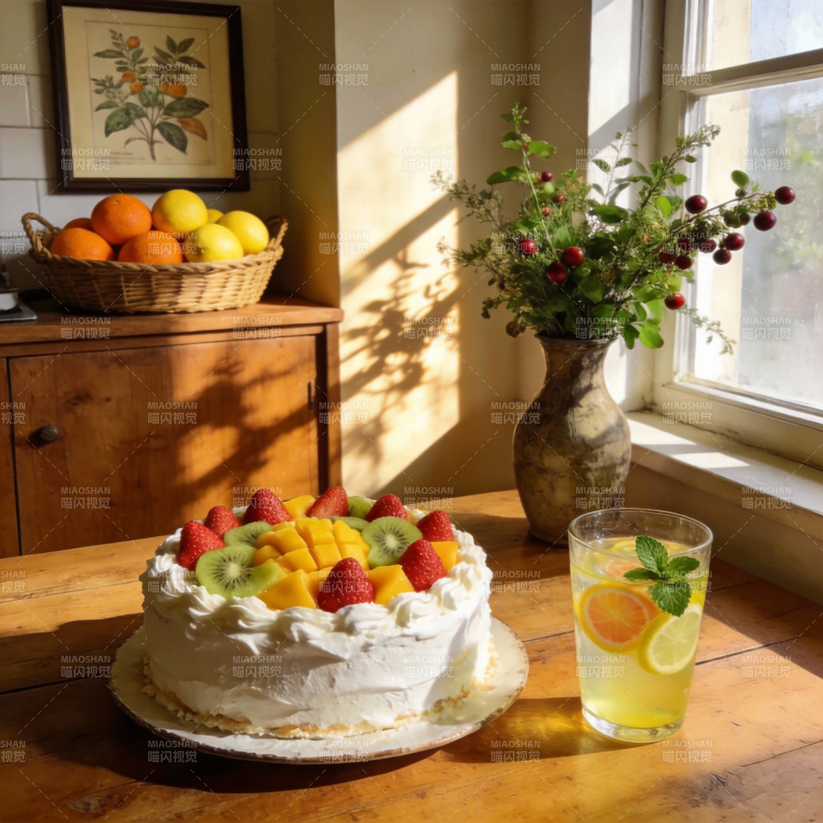 果香蛋糕与柠檬水图片