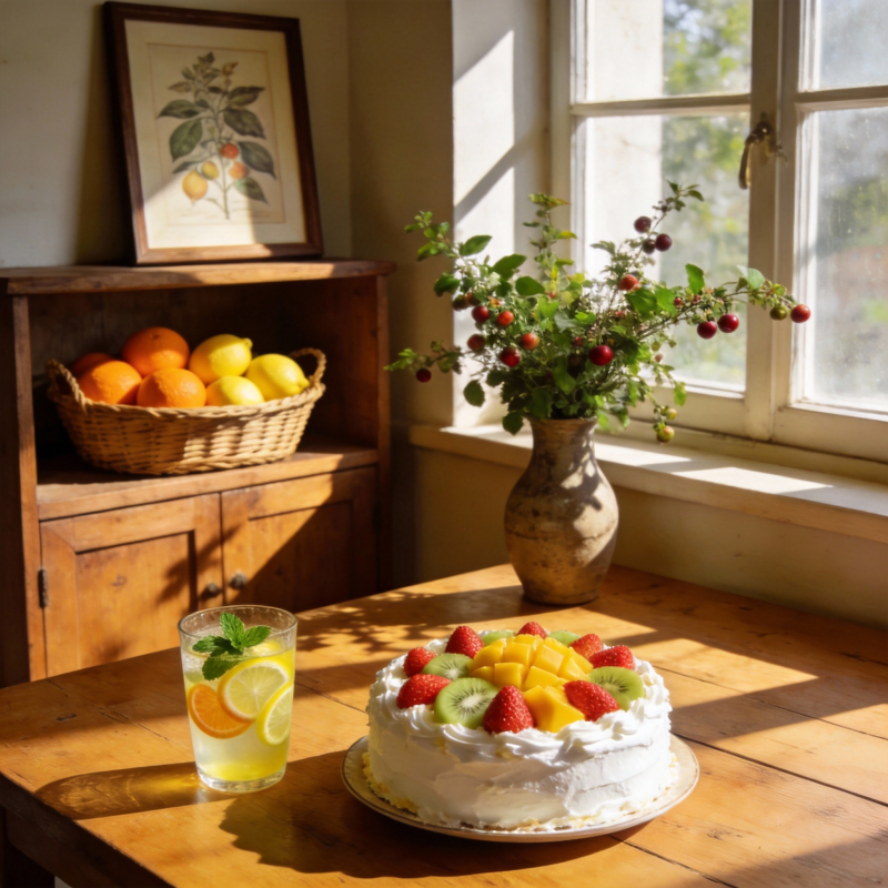 阳光下的水果蛋糕图片