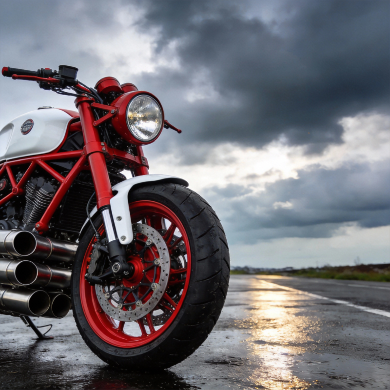 红白摩托雨中驰骋图片