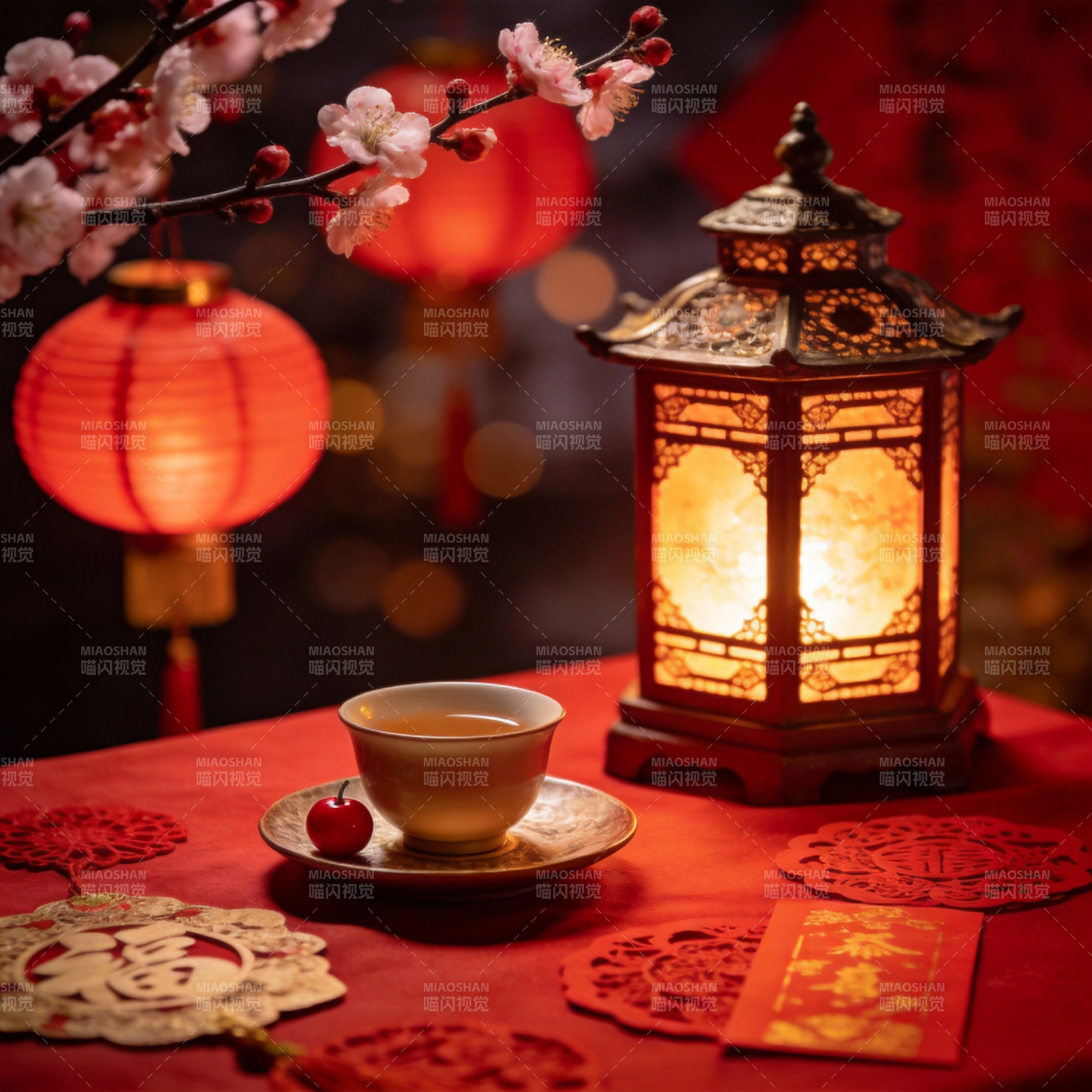 新春茶香灯影图片