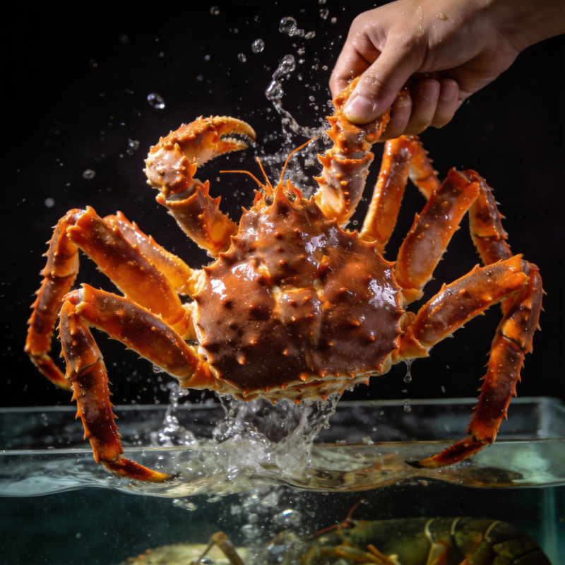 手提帝王蟹跃出水面图片