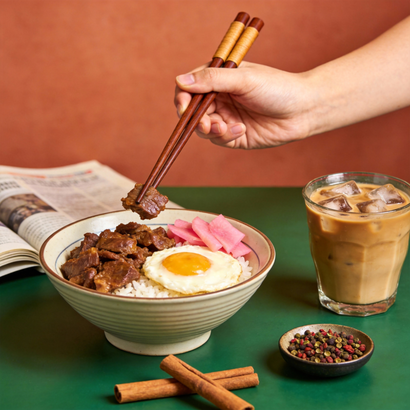 美味牛肉饭配冰咖图片