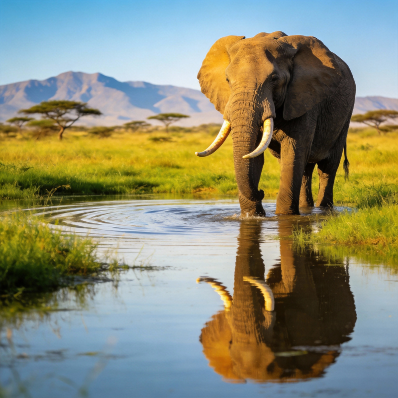 大象饮水倒影图片