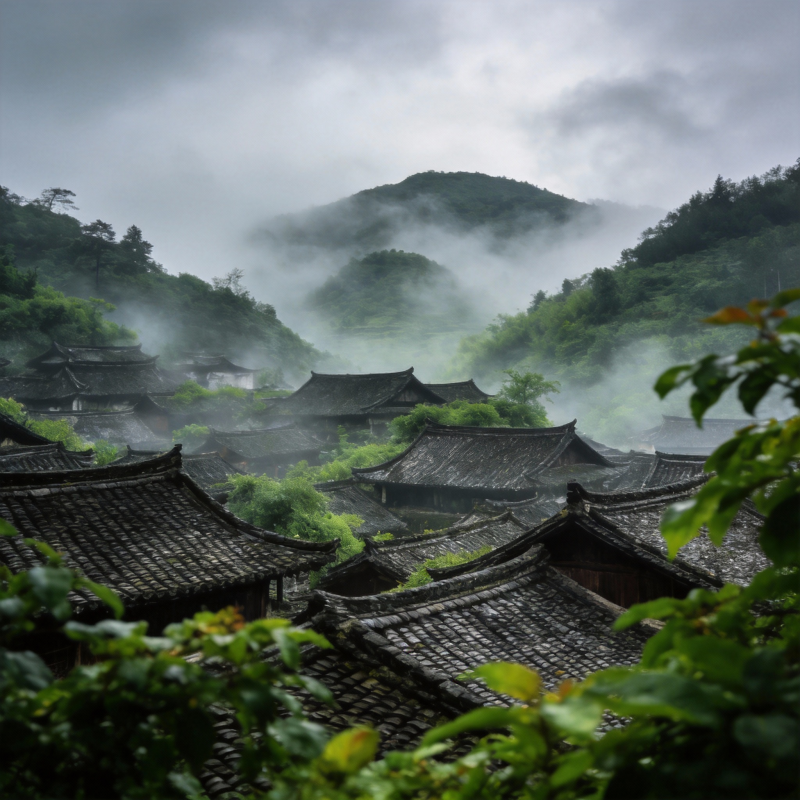 雾锁古村屋檐图片