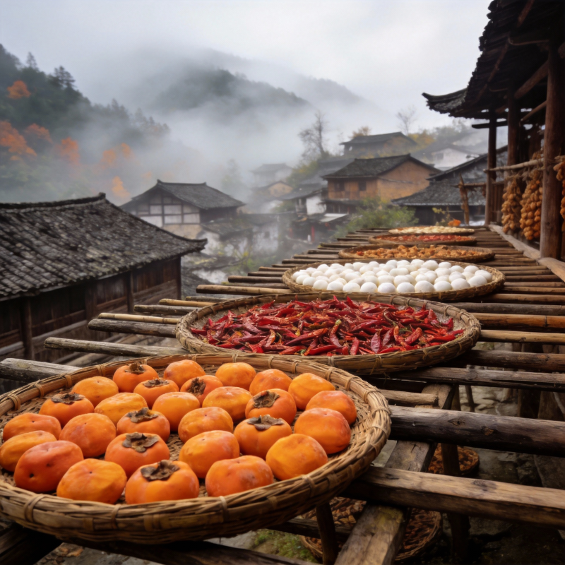 山间晒秋图图片