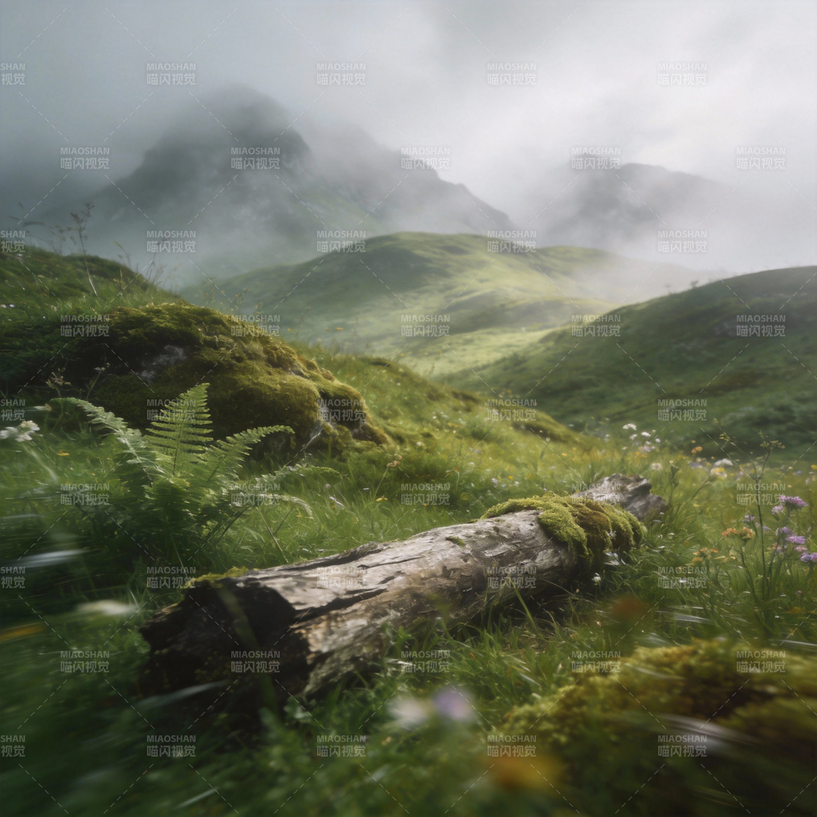 雾霭山野静谧景图片