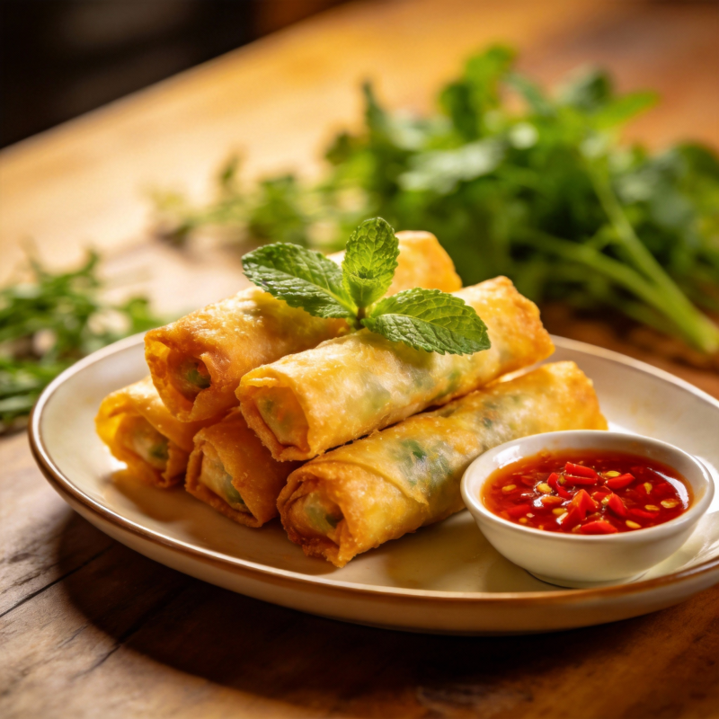 金黄春卷配辣酱图片