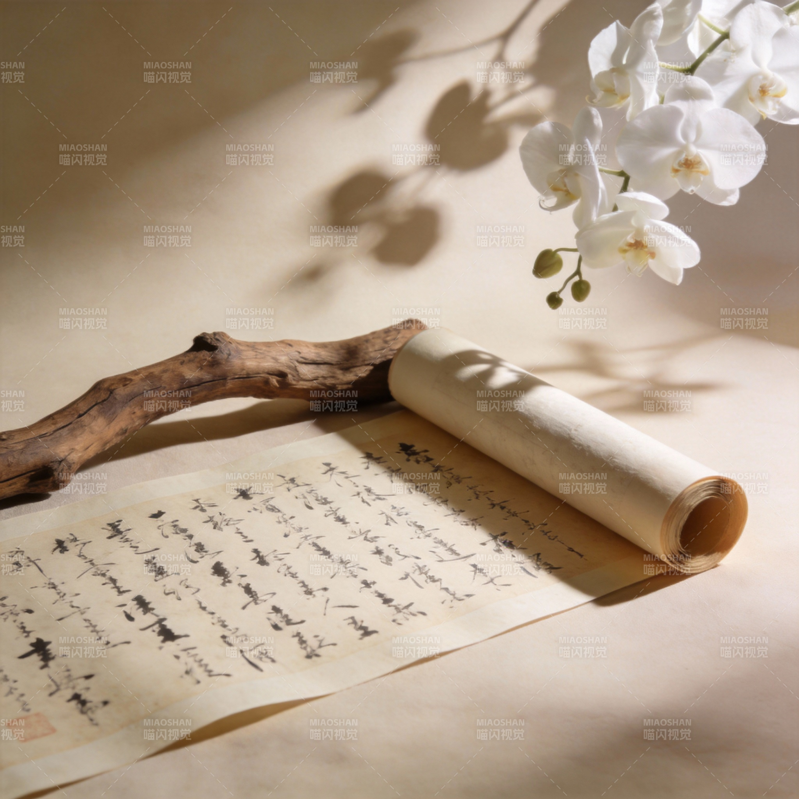 古卷书香伴花影图片