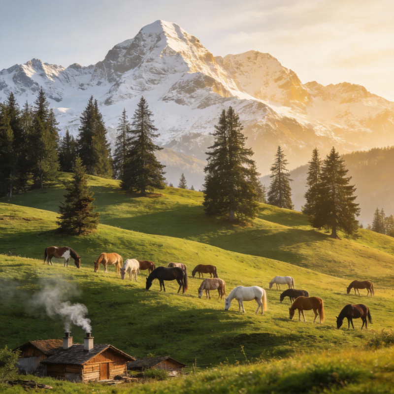 雪山下的马群图片