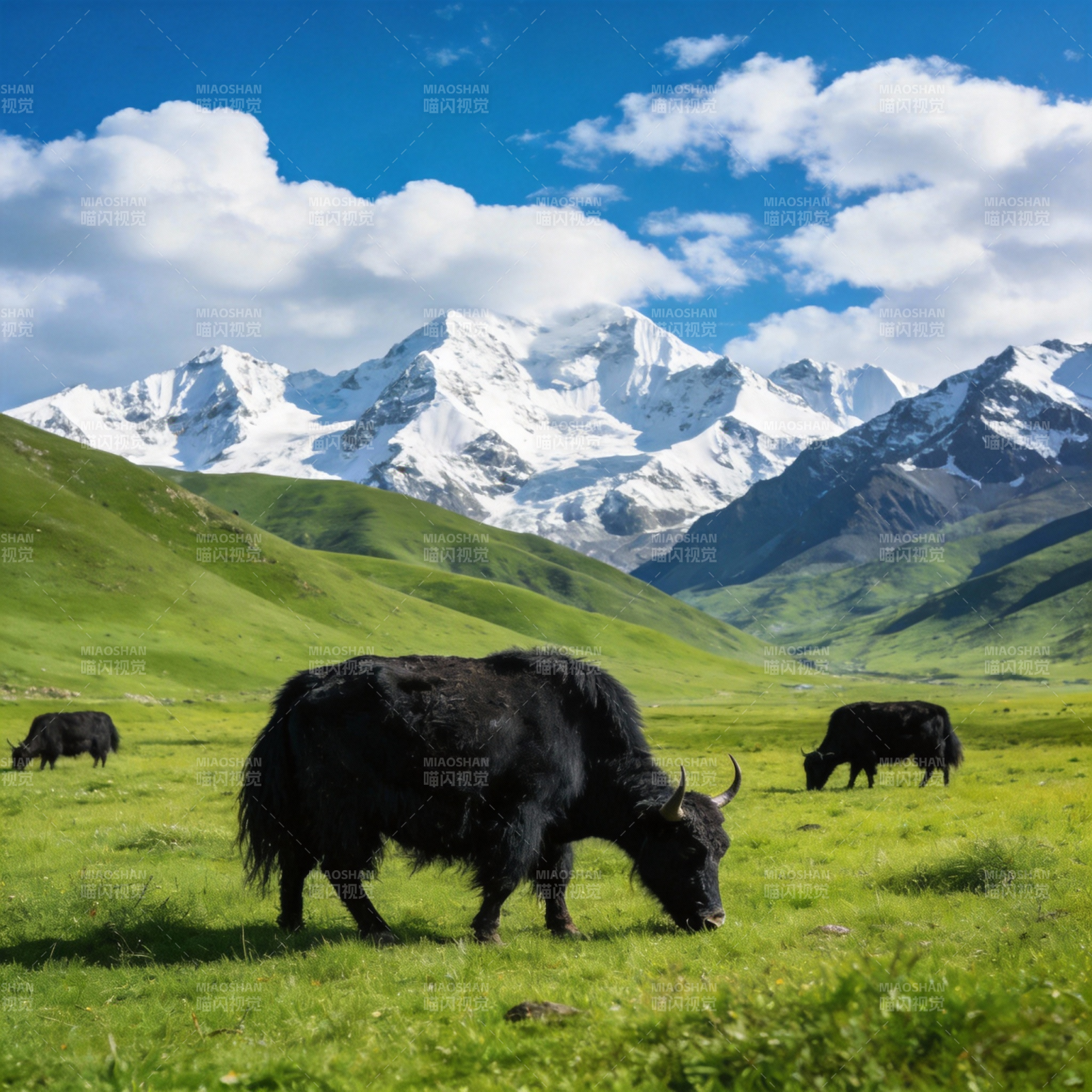 雪山下的牦牛牧场图片