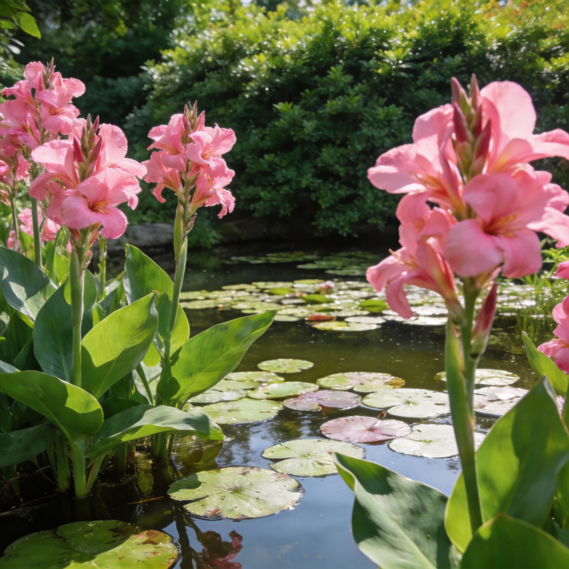 池畔粉花映荷叶图片